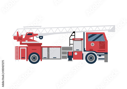 Red firetruck with top tower ladder, emergency vehicle in flat style
