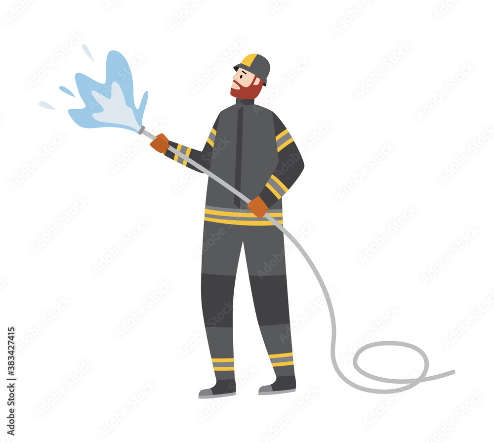 Fireman fighting fire with water hose, flat cartoon vector illustration isolated Fireman fighting fire with water hose, flat cartoon vector illustration isolated