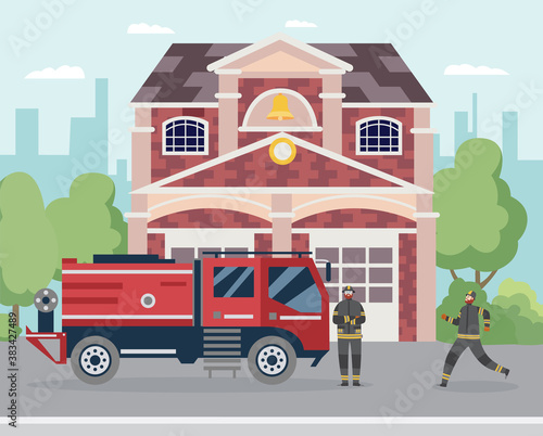 Fire station building exterior with firetruck and cartoon firemen