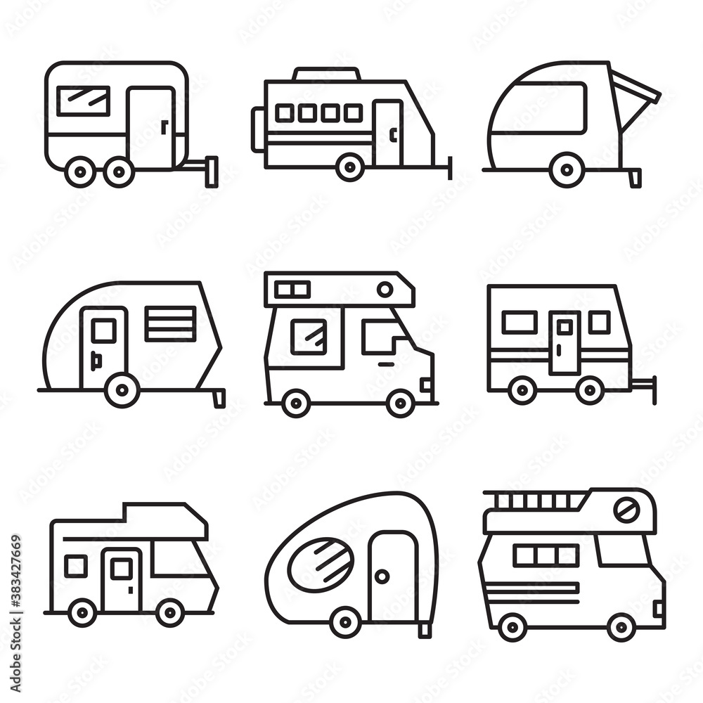 RV camper car icons set line vector RV camper car icons set line vector