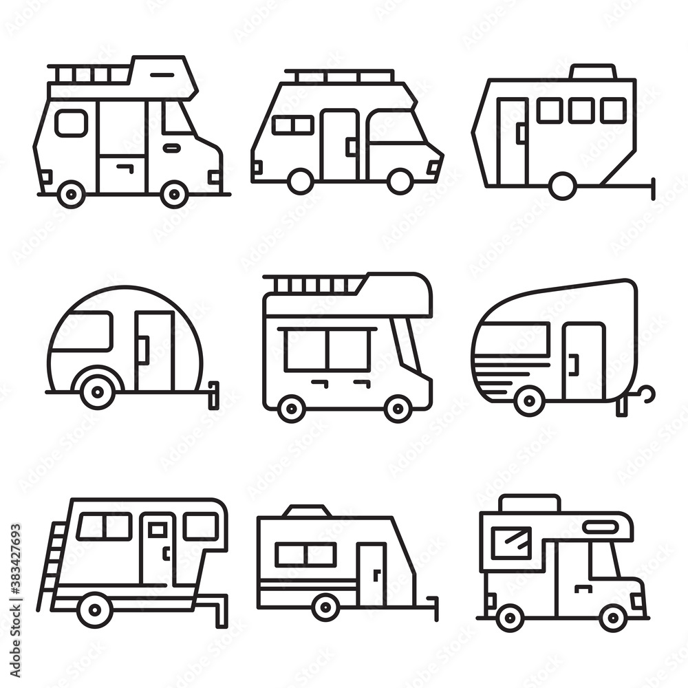 RV camper car icons set line vector