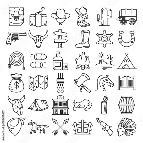 cowboy and west life icons line vector illustration