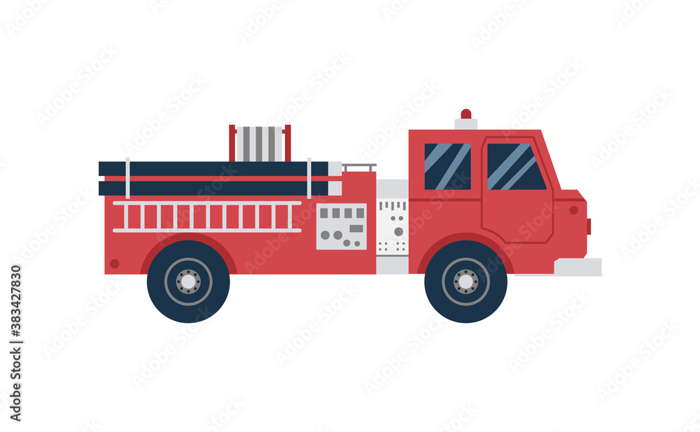 Fototapeta premium Red cartoon firetruck from side view. Cartoon fire engine truck