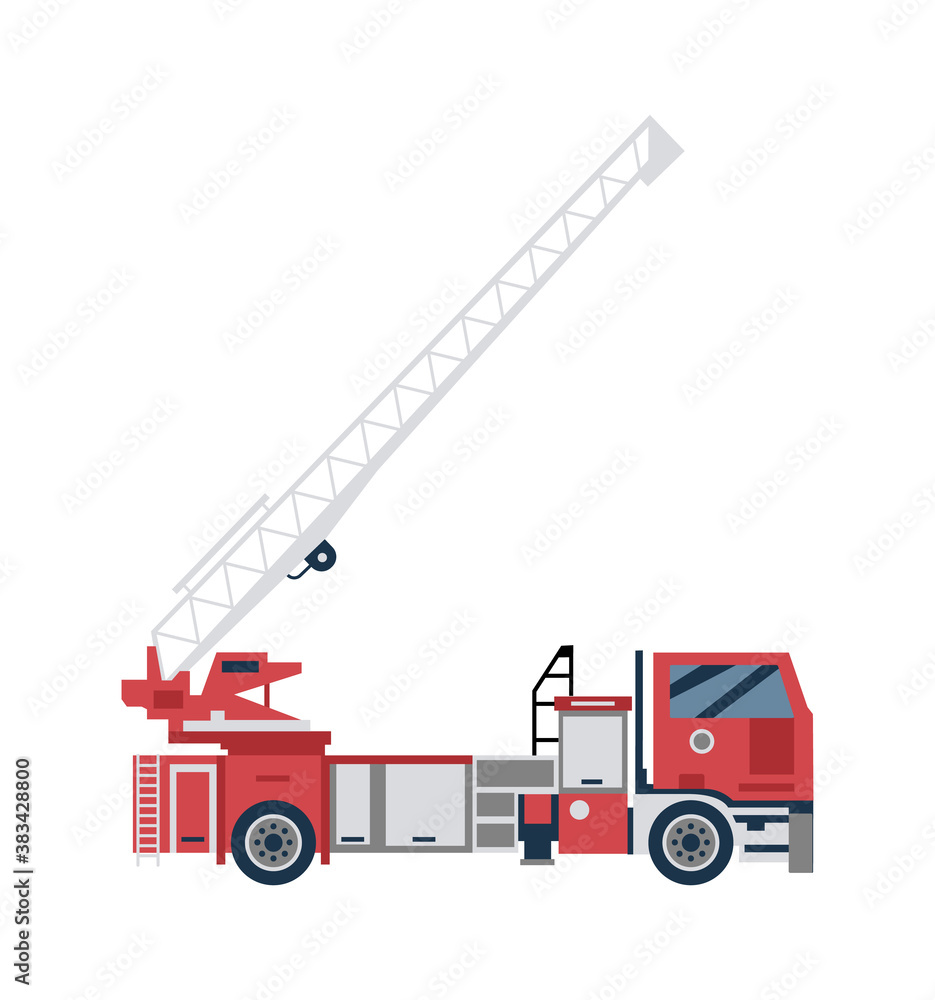 Red firetruck with big ladder, flat cartoon vector illustration ...