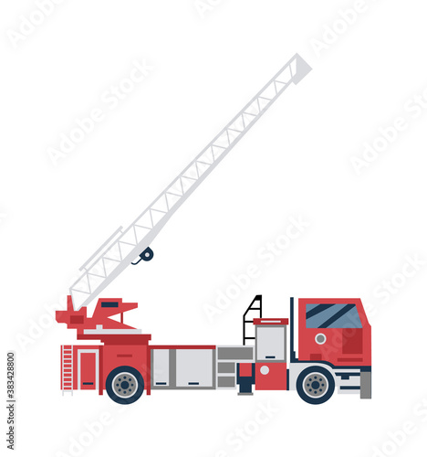 Red firetruck with big ladder, flat cartoon vector illustration isolated