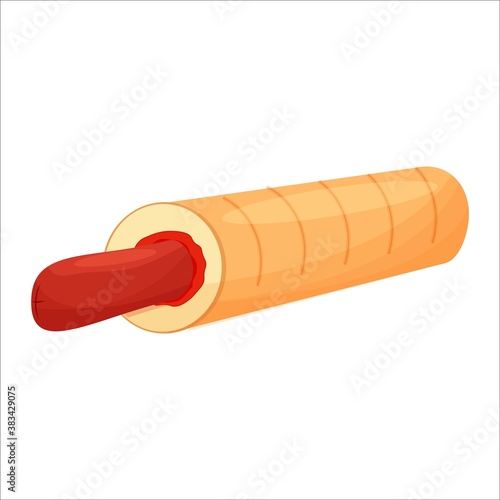 French hotdog with bun, grilled sausage and ketchup isolated on white background. Fast food, snack detailed clip art.