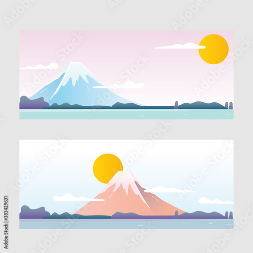 Photography Japanese beautiful landscape illustration with mount Fuji and sunrise