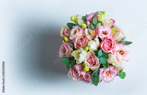 Colorful flower bouquet from roses isolated on white background. Fresh, lush bouquet of colorful flowers, isolated on white background © Yevhen