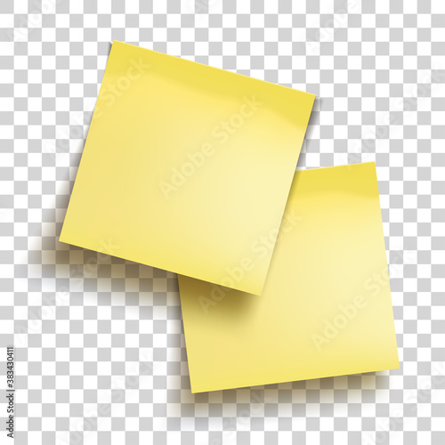 Yellow sheets of note papers. Two sticky notes. Template for design. Yellow note with place for you text over transparent background. Office supplies. Vector illustration.