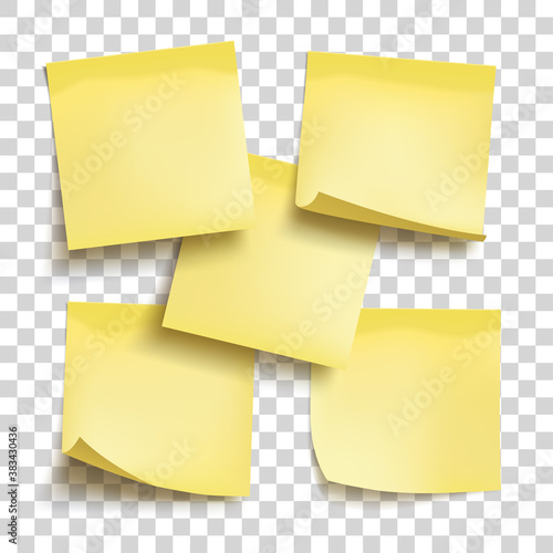 Set of yellow sheets of note papers. Five sticky notes. Template for design. Yellow note with place for you text over transparent background. Office supplies. Vector illustration.