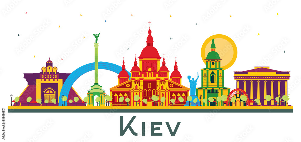 Kiev Ukraine City Skyline with Color Buildings Isolated on White.