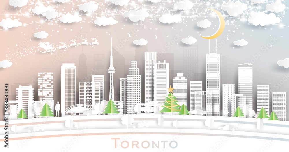 Toronto Canada City Skyline in Paper Cut Style with Snowflakes, Moon and Neon Garland.