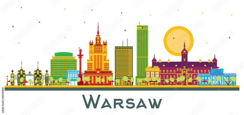 Warsaw Poland City Skyline with Color Buildings Isolated on White. Warsaw Poland City Skyline with Color Buildings Isolated on White.