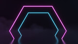 Futuristic Sci FI abstract neon light shapes on black background with empty space for text. 3d rendering