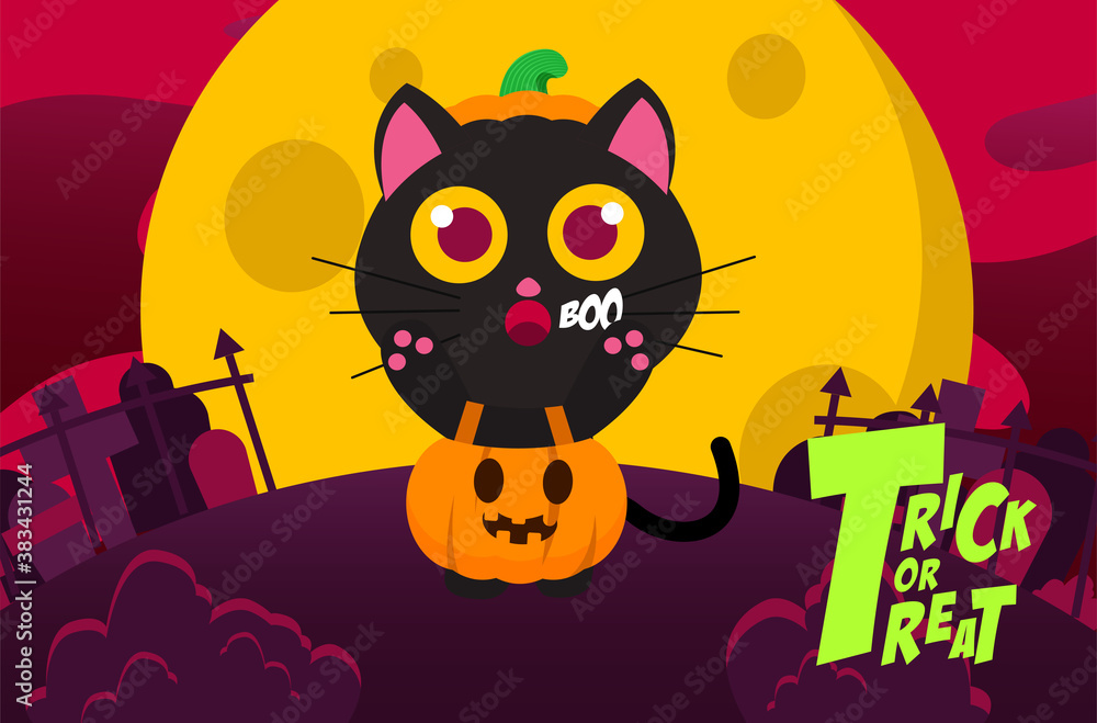 Happy Halloween Trick or Treat Background with Cute Black cat wearing pumpkin clothes on a full moon night Happy Halloween Trick or Treat Background with Cute Black cat wearing pumpkin clothes on a full moon night