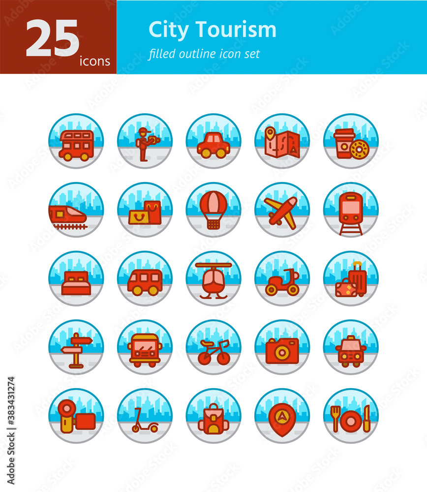 City Tourism filled outline icon set. Vector and Illustration. City Tourism filled outline icon set. Vector and Illustration.