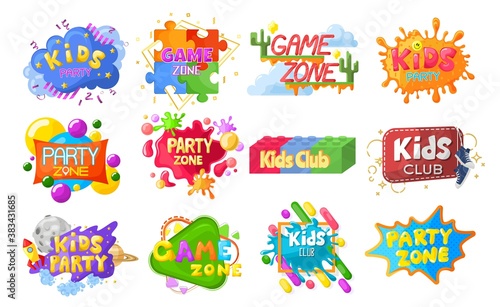 Kids party emblem, logo, banner set, flat vector illustration isolated on white background. Children playground, game room, playroom labels. Kids club, game zone decoration.