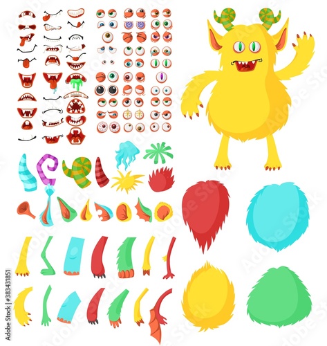 Cute monster cartoon character constructor kit, flat vector isolated illustration. Funny animal and creature body parts. Alien eyes, ears, horns, mouths, teeth, legs, hands, tails for monster creation