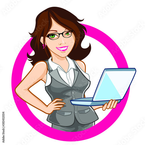 woman working on laptop in cartoon