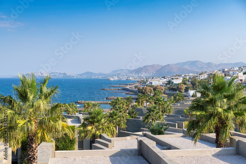 Fototapeta Naklejka Na Ścianę i Meble -  Beautiful view of Aegean sea and beach town in Turgutreis, Bodrum, Turkey.