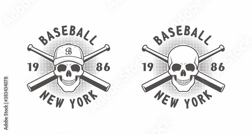 Set of black and white illustrations of a skull, baseball cap, crossed bats, text on a white background. Vector illustration for logo, emblem, print. Illustration on a baseball theme.