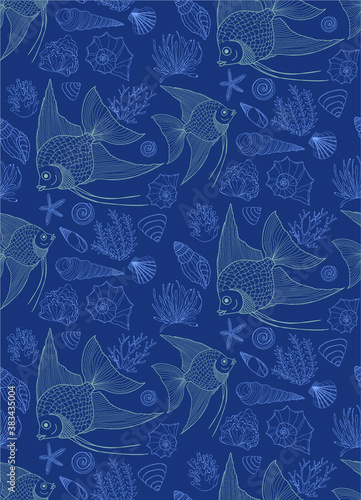 Vector hand drawn seamless pattern with fish, shells and seaweeds. Ocean background.
