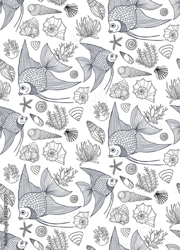 Vector hand drawn seamless pattern with fish, shells and seaweeds. Ocean background.