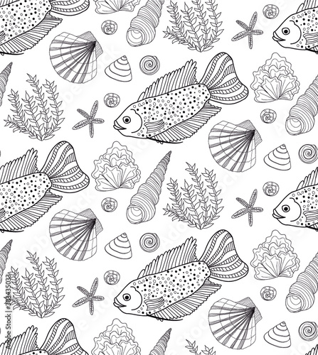 Vector hand drawn seamless pattern with fish, shells and seaweeds. Ocean background.