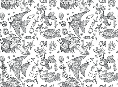 Vector hand drawn seamless pattern with fish, shells and seaweeds. Ocean background.