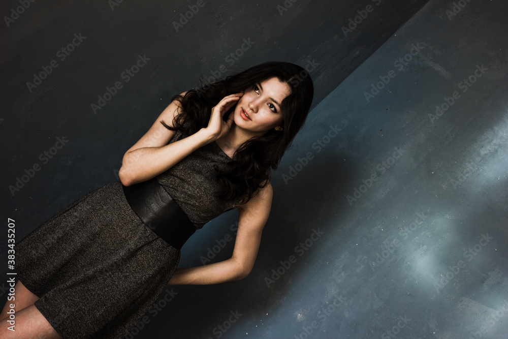 Black hair woman. Beautiful brunette hairstyle fashion portrait over dark background Black hair woman. Beautiful brunette hairstyle fashion portrait over dark background