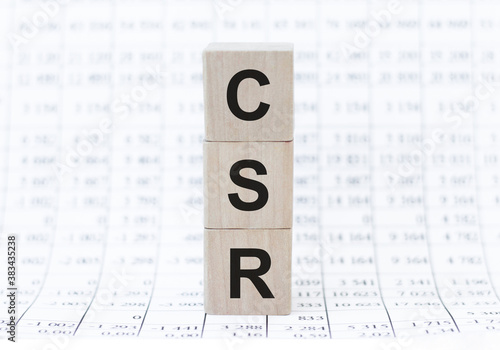 Word CSR. Wooden small cubes with letters isolated on white background with copy space available