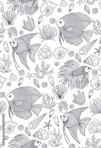Vector hand drawn seamless pattern with fish, shells and seaweeds. Ocean background.