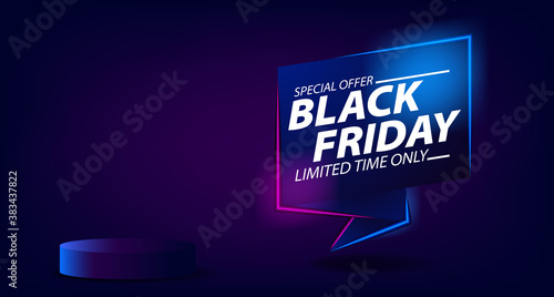 Black friday sale offer template with glowing neon lamp for night and trendy