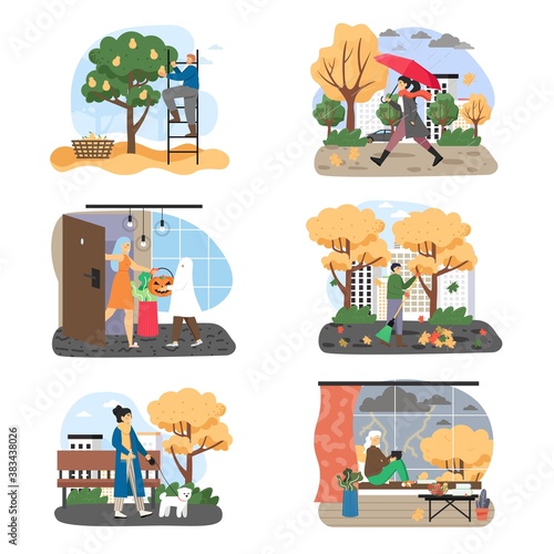 Autumn season set, flat vector illustration. Fall weather. People walking in park, harvesting, trick or treating.
