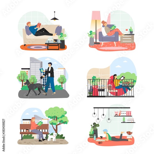 People reading interesting books at home, in city park, in the street, on balcony, flat vector illustration.