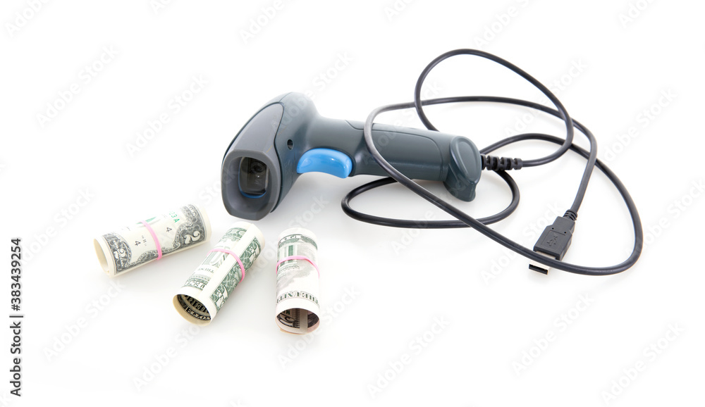 Scanning gun and dollar bills on white background Scanning gun and dollar bills on white background