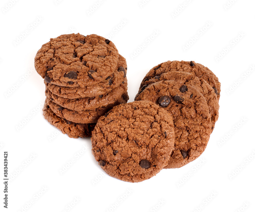 Chocolate chip cookies isolated on white background. Sweet biscuits. Homemade pastry. Chocolate chip cookies isolated on white background. Sweet biscuits. Homemade pastry.