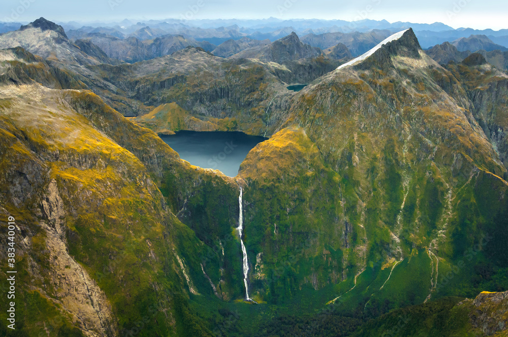 Amazing aerial view of mountain Lake Quill and Sutherland Falls on the