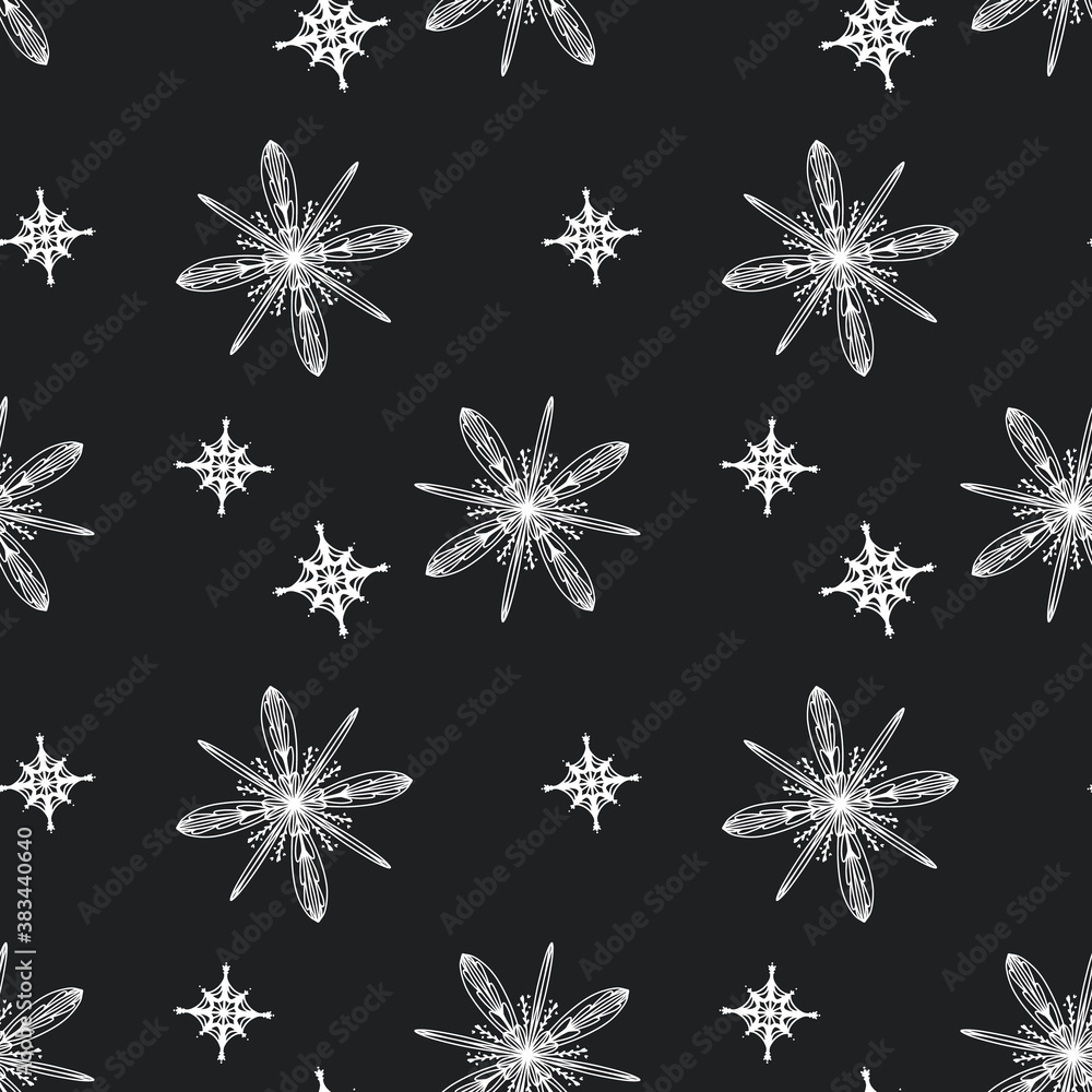 Cozy cute square seamless snowflake pattern for new year on black background. Doodle digital art outline. Print for wrapping paper, scrapbooking, wallpaper, web decor, postcard, textiles, fabric Cozy cute square seamless snowflake pattern for new year on black background. Doodle digital art outline. Print for wrapping paper, scrapbooking, wallpaper, web decor, postcard, textiles, fabric