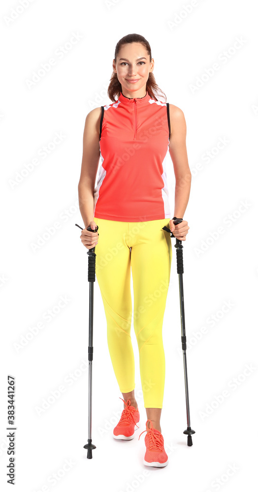 Young woman with walking poles on white background Young woman with walking poles on white background