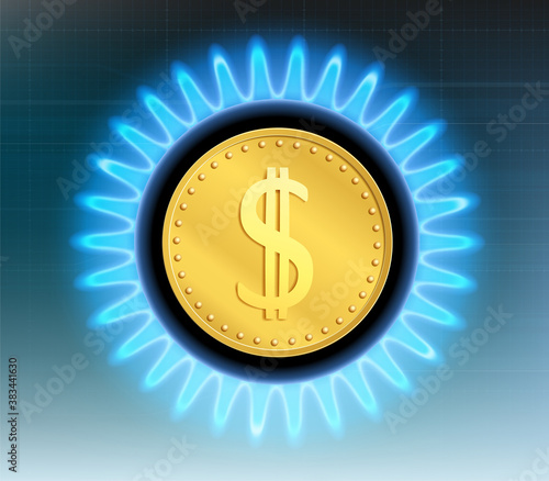 Dollar currency coin inside a blue flame stove.