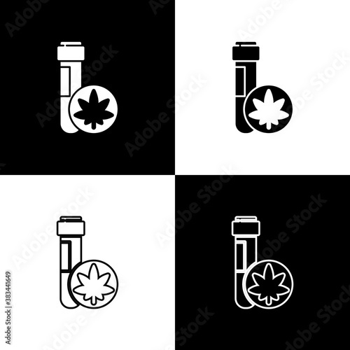 Set Chemical test tube with marijuana or cannabis leaf icon isolated on black and white background. Research concept. Laboratory CBD oil. Vector Illustration.