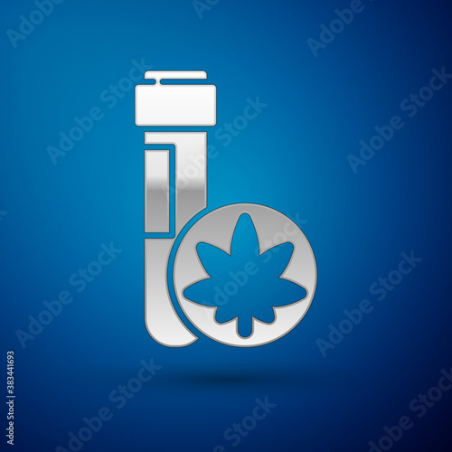 Silver Chemical test tube with marijuana or cannabis leaf icon isolated on blue background. Research concept. Laboratory CBD oil. Vector Illustration.