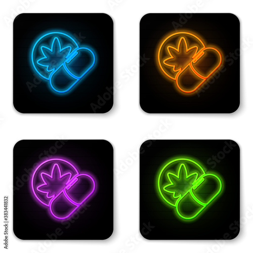 Glowing neon Herbal ecstasy tablets icon isolated on white background. Black square button. Vector Illustration.
