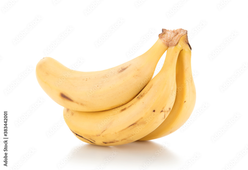 One hanging ripe fruit banana on white background One hanging ripe fruit banana on white background