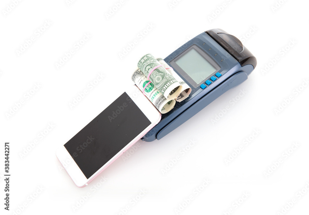 Pos machine and mobile phone and dollar bills on white background Pos machine and mobile phone and dollar bills on white background