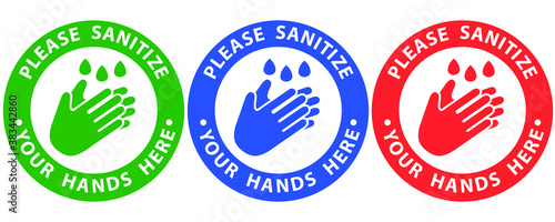 Social distancing concept for preventing coronavirus covid-19 with Wording please sanitize your hands here in circle sign 