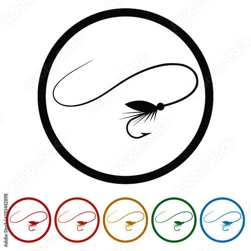 Fly fishing lure ring icon, color set