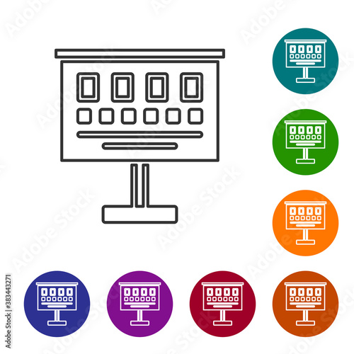 Black line Eye test chart icon isolated on white background. Poster for vision testing in ophthalmic study. Snellen chart. Set icons in color circle buttons. Vector Illustration.
