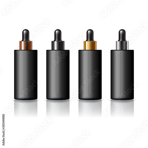 4 cap colors black round cosmetic bottle with black dropper for beauty or healthy product mockup template.